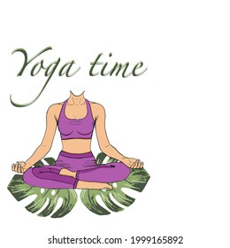 Vector illustration with female figure and lettering. Hand written phrase design with isolated silhouette of woman meditating in lotus position