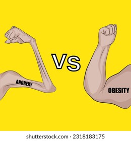 Vector illustration of female figure, versus between anorexia and obesity.	