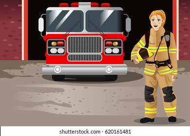 A Vector Illustration Of Female Firefighter In Front Of Fire Station