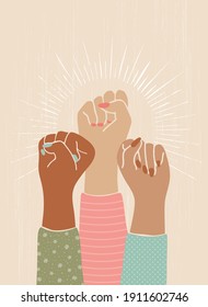 Vector illustration of female fists raised to the top. The concept of protest, women fighting for prova.