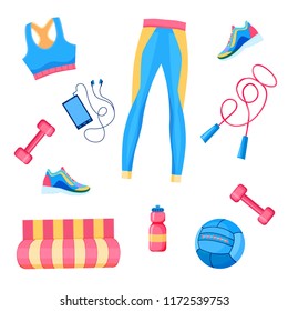 Vector illustration of female fitness equipment flat lay: dumbbells, med ball, leggings,  bra, rope, smartphone
with headphones, sneakers, mat