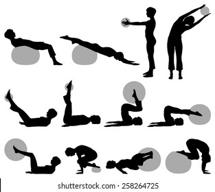 Vector illustration of female fitness silhouettes with small and big ball. 