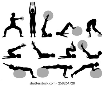 Vector illustration of female fitness silhouettes with small and big ball. 