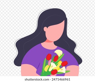 Vector illustration of female with flower bouquet in hands transparent background