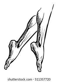 Vector illustration of female foot isolated on white background in ink hand drawn style. legs standing on tiptoes, pointe.