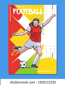 Vector illustration of female football or soccer player kicking the ball. Football sport poster on abstract background