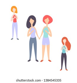 Vector illustration. Female friendship, love. Girls hold hands. Women figures for cards, banners, dating sites, invitations. Infographics for dating site, searching for friends, partners