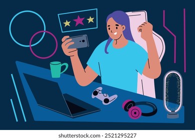 Vector illustration of female gamer sitting at desk with laptop, playing game on phone, and celebrating win. Flat cartoon style, gaming accessories, headphones, game controller, and a modern desk lamp