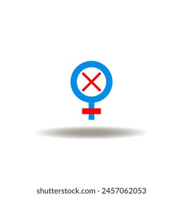 Vector illustration of female gender symbol with cross mark. Icon of bias. Symbol of women harassment.