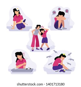 Vector Illustration of female girl junior high school teenager stressed sad depression hurt bullying in college by her friends, parents, teacher, Hate speech, harassment, body shaming, gossip, pinch