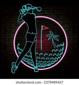 Vector illustration of female golfer with neon lights on the wall.