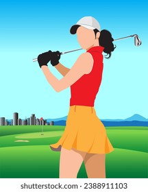 Vector illustration of a female golfer playing golf on the course.