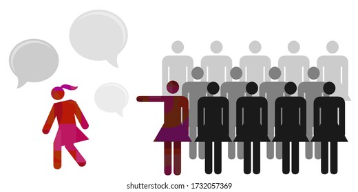 vector illustration of female group blaming girl for feminist and women rights problem visuals