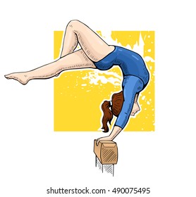 Vector illustration of a female gymnast on balance beam. Bright and colorful sport themed poster. Women's gymnastics.