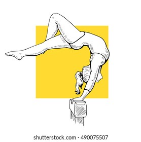 Vector illustration of a female gymnast on balance beam. Beautiful sport themed poster. Women's gymnastics.