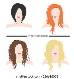 Vector illustration of female hair styles for banners, posters, Web use. The blonde, redhead, brunette, brown hair.