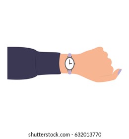 Vector illustration of a female hand with a clock. Time on the wristwatch. Wrist Watches on Hand