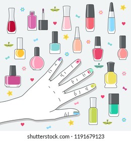 Vector illustration of female hand with colorful nail art and bottles of various nail polish