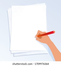 Vector illustration of female hand drawing with pencil on A4 paper.