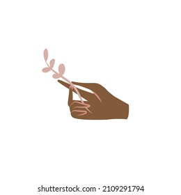 Vector illustration female hand with floral branch isolated on white background