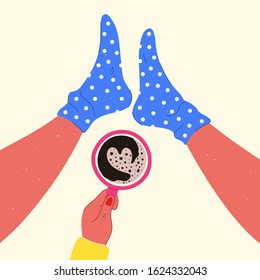 Vector illustration with female hand holding mug with coffee and feet in blue polka dot socks. Top view, cute heart made of coffee foam. Concept of warmth and comfort of winter and autumn days