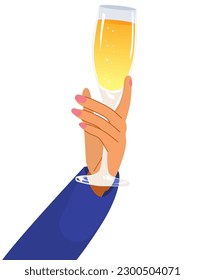 Vector illustration of female hand holding champagne glass isolated on white background. Businesswoman arm enjoying drink