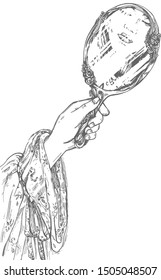 Vector illustration of female hand holds retro mirror. Young attractive girl looking at own reflection portrait in glass. Beautiful intricate nightgown sleeve. Beauty ritual. Vintage hand drawn style.