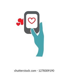 Vector illustration a female hand the mobile phone, heart on the screen and two hearts behind.Set of vector symbols. Long-awaited declaration of love in the form of the message on the mobile phone. Fl