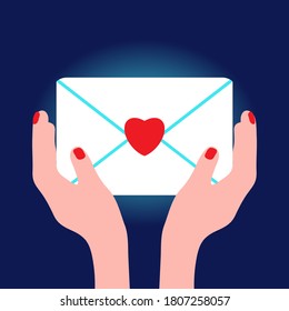 Vector illustration of female hand with postal envelope. Emblem of feedback, letter of thanks in flat style. It can be used as icon for social media, site, blogs