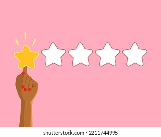 Vector illustration of female hand showing one star bad rating with client experience. Negative review, unsatisfying service and customer feedback concept on pink background