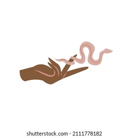 Ilustración vectorial mano femenina con serpiente aislada en fondo blanco.