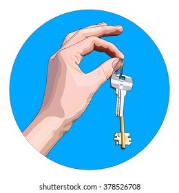 Vector illustration of a female hand with two keys from the house. icon turnkey