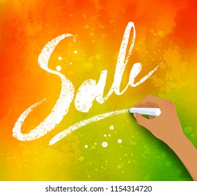 Vector illustration of female hand writing Sale word chalked lettering on autumn colored  watercolor grunge background.