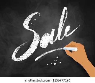 Vector illustration of female hand writing Sale word lettering with chalk on blackboard background.