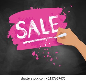 Vector illustration of female hand writing Sale word lettering and pink banner with paint splashes on blackboard background.