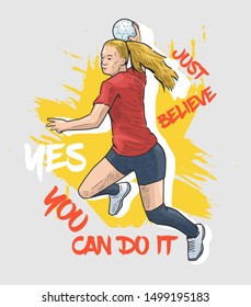 Vector illustration of female handball player jumping and ready to throw the ball. Sport motivational poster