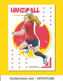 Vector illustration of female handball player jumping and ready to throw the ball. Sport motivational poster