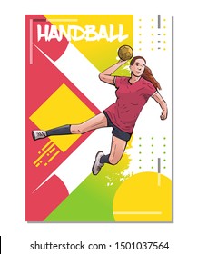 Vector illustration of female handball player jumping and ready to throw the ball. Sport themed poster on abstract background