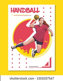 Vector illustration of female handball player jumping and ready to throw the ball. Sport themed poster on abstract background