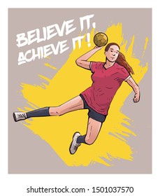 Vector illustration of female handball player jumping and ready to throw the ball. Sport themed poster on abstract background