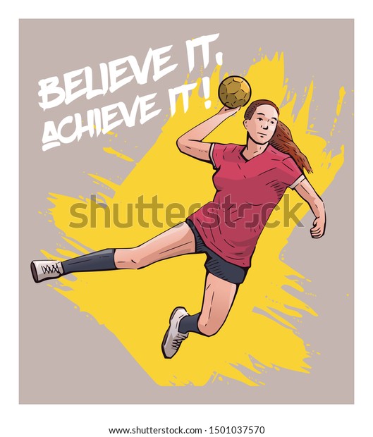 ボールを投げる準備ができた女性のハンドボールプレーヤーのベクターイラスト 抽象的な背景にスポーツをテーマにしたポスター のベクター画像素材 ロイヤリティフリー