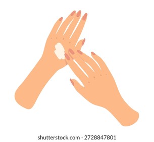 Ilustração vetorial de mãos femininas aplicando creme. Cuidados com a pele plana e conceito de beleza