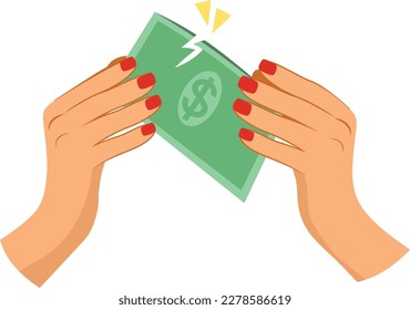 Ilustración vectorial del banco de billetes en dólares verde que rompe las manos de las mujeres. Concepto de crisis de la economía monetaria. Billete dañado con la mano