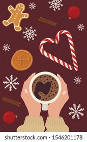 Vector illustration: female hands, coffee mug and Christmas decorations.