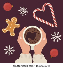 Vector illustration: Female hands, coffee mug, snowflakes, Christmas candies, gingerbread man, red balls on a dark background.