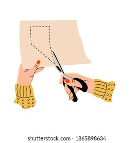 Vector illustration of female hands cutting fabric or paper with scissors. Seamstress hands in a flat design. Creative hobby. Isolated on a white background