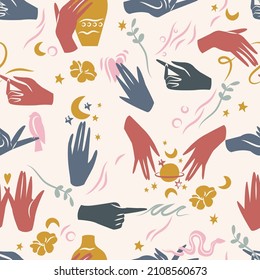 Vector illustration - female hands in in different gestures. Abstract symbol for cosmetics and packaging or beauty products. Seamless pattern.