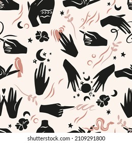 Ilustración vectorial - manos femeninas en diferentes gestos. Símbolo abstracto para cosméticos y embalajes o productos de belleza. Patrón transparente