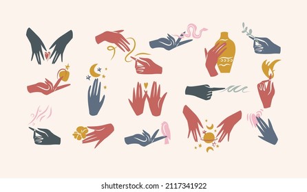 Vector illustration - female hands in different gestures. Abstract symbol for cosmetics and packaging or beauty products