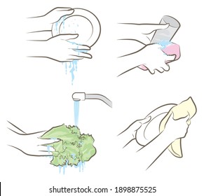 Vector illustration of female hands doing housework